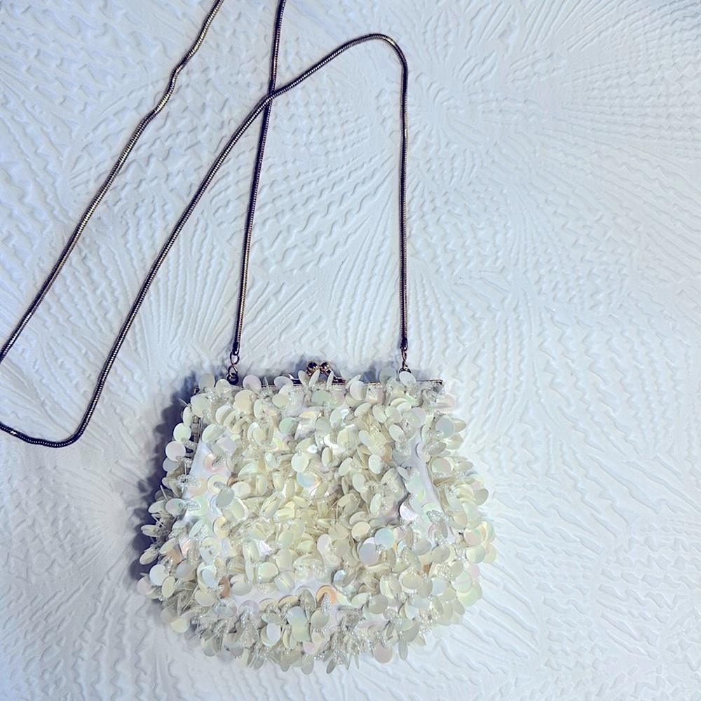Vintage bead and sequin shoulder off white mini bag